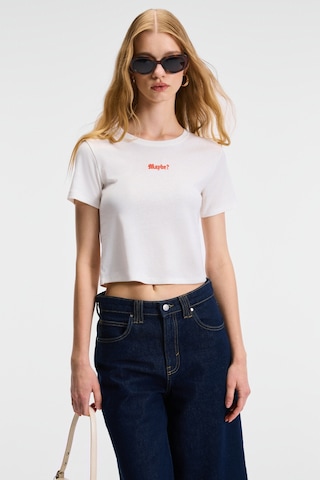 ETHIQUET ZERAYA Kadın Bisiklet Yaka Kısa Kollu Önde Nakış Detaylı Crop Beyaz T-Shirt