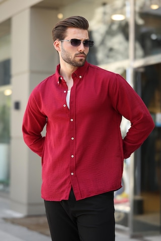 Madmext Bordo Mavisi Uzun Kollu Oversize Erkek Gömlek 6735 Bordo