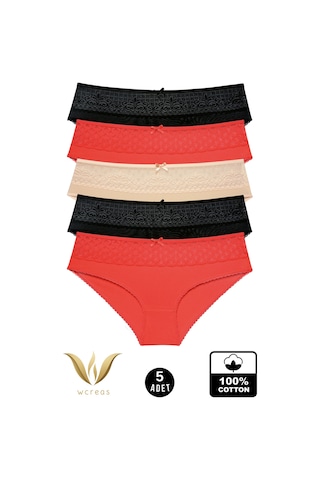 Wcreas Dantelli Pamuklu Kadın Bato Külot, 5'li Paket Pamuklu Yumuşak Kumaş Kadın Külot Çok Renkli