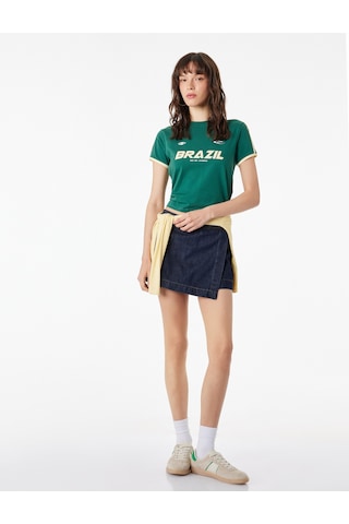 Koton Pamuklu Slim Fit Bisiklet Yaka Biyeli Kısa Kollu Baskılı Tişört Yeşil 6sal10779ık