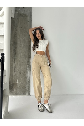 Kadın Paça Lastik Kargo Cep Keten Mom Pantolon Bej