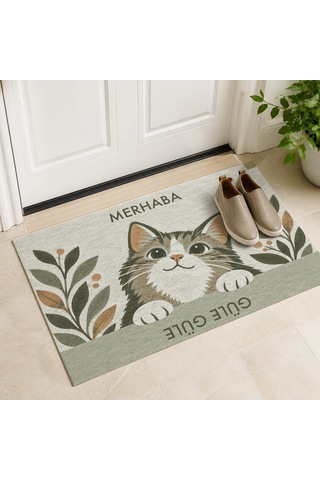 Kartela Halı Merhaba Güle Güle Kedili Kapı Paspası Adaçayı Yeşili Kaymaz Kauçuk Taban 60x90 Cm