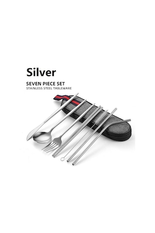 Valkyrie 8 Parça Çantalı Yolculuk Çatal Bıçak Kaşık Pipet Chopstick Seti Kamp Okul Ofis Tatil Paslanmaz Çelik Metal Metalik