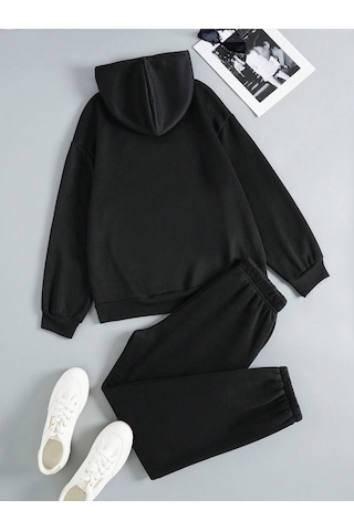 Harmandar Brooklyn Usa Kışlık Alt Üst Takımı Sweatshirt Eşofman Altı - Siyah Baskılı Oversize Kapüşonlu Siyah