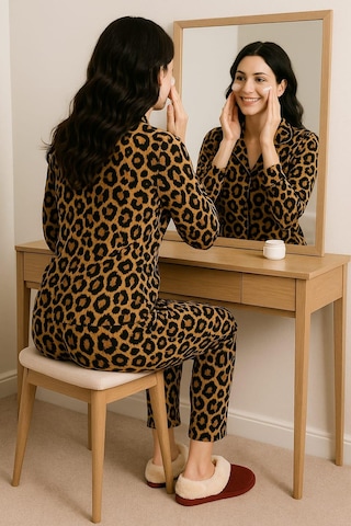 Kadın 6443 Süet Düğmeli Uzun Kol Pijama Takımı Leopar LEOPAR