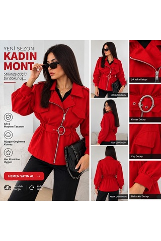 Nido Moda Kadın Kırmızı Kemerli Fermuarlı Ceket Balon Kol Şık Tasarım