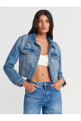 Dilvin 65366 Fleto Cepli Crop Denim Ceket-mavi Mavi