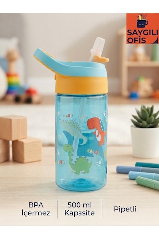 Saygılıofis 3114 Desenli Matara 500 Ml Sevimli Dinazorlar Beyaz