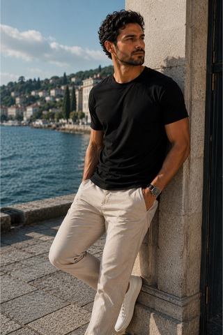 Luxıc Core Erkek Slim Fit Siyah Bisiklet Yaka Pamuk Penye Günlük Rahat Basic Tişört