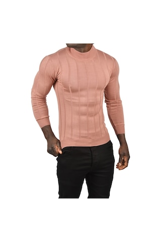 Deepsea Erkek Gülkurusu Slim Fit Likralı Tüylenme Yapmayan Yarım Balıkçı Çizgili Triko Yarım Boğazlı Kazak 2505503 Gülkurusu