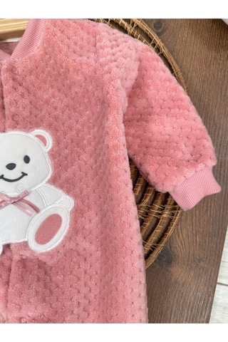Peluş Ayıcık Nakışlı Patikli Çıtçıtlı Kışlık Erkek Bebek Tulum Pembe