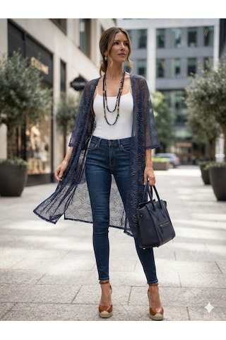 Lacivert Gold Detaylı Örme Kimono