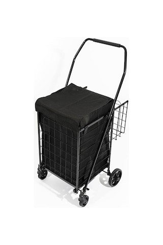 4 Tekerlekli 60 L Katlanabilir Kılıflı Pazar Arabası 360 Dönebilen Metal İskeletli Siyah Alışveriş Arabası