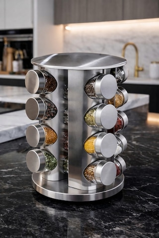Makri Home 16'lı Döner Baharatlık Seti Krom Yuvarlak Stantlı 118 Ml Cam Kavanoz 360 Döner 29x20 Cm Diğer