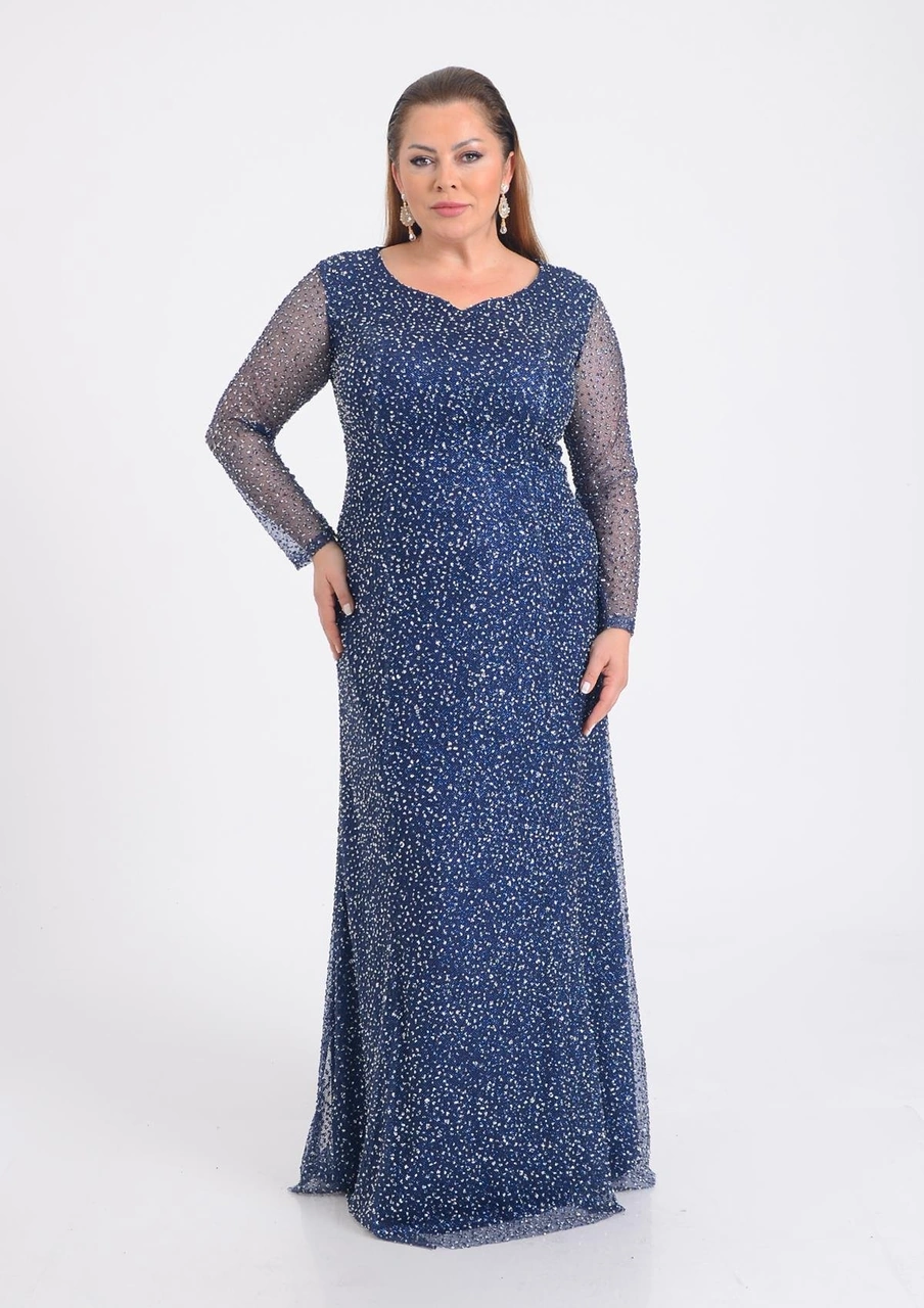 Lilas Xxl Büyük Beden Glitter Baskı Lacivert Renkli Uzun Kollu Uzun Abiye Elbise Lacivert