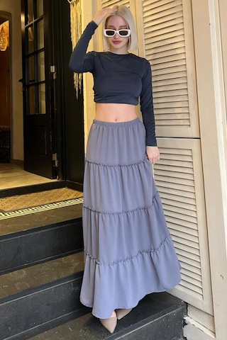 Madmext Füme Basic Pileli Kadın Uzun Etek Füme