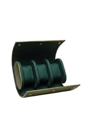 3'lü Deri Saat Kutusu Silindir Tasarım Taşınabilir Saat Saklama Organizer 24x11x7 Cm Haki Diğer
