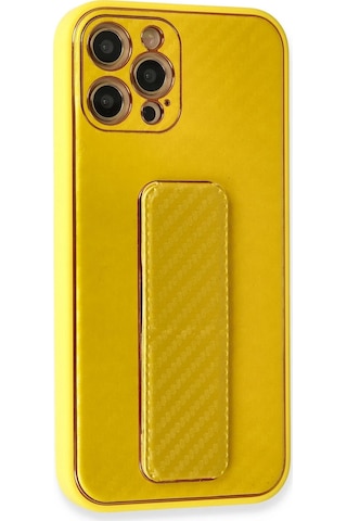 Newface Apple iPhone Uyumlu 12 Pro Max Kılıf Coco Karbon Standlı Kapak Glblseme - 79 - Sarı