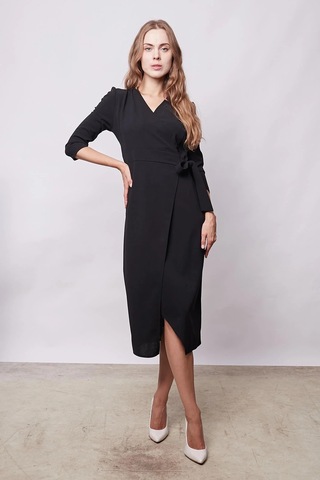 Kadın Likralı Krep Kumaş Kruvaze Capri Truvakar Kol Diz Altı Elbise-siyah Siyah