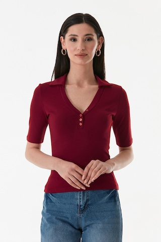 Fullamoda Önü Düğmeli Polo Yaka Bluz 25ygb650127586-bordo Bordo