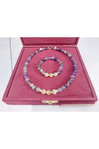 Doğal Ametist Taşı Kolye Ve Bileklik Takımı Mor