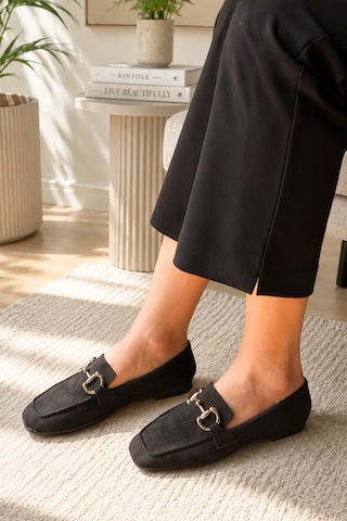 Kadın Loafer Makosen Metal Tokalı Nubuk Günlük Ayakkabı Siyah