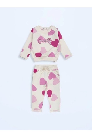 Kız Çocuk Pamuklu Kalp Desenli Eşofman Takım-15498 Çok Renkli
