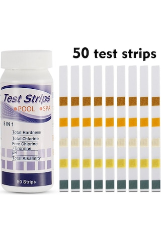 Monyee Havuz Suyu Test Çubukları 5 Fonksiyonlu - Klor, Ph, Tuzluluk, Alkali, Siyanür Asit Ölçüm - 50 Adet/şişe Beyaz