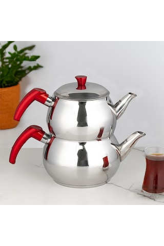 Porsima 4 Nolu Dayanıklı Aile Boy Paslanmaz Çelik Çaydanlık Takım Kırmızı