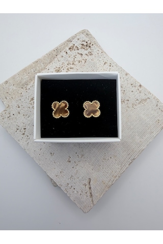 Çelik Yonca Küpe Renkli Mineli Gold Kadın Küpe 1 Cm Minimal Günlük Küpe Kahverengi