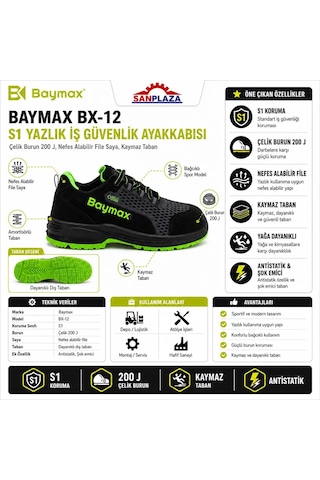 Bx-12 S1 Yazlık İş Güvenlik Ayakkabısı, Çelik Burun 200 J, Nefes Alabilir Nubuk/kumaş, Kaymaz Pu Taban, Yağa Da