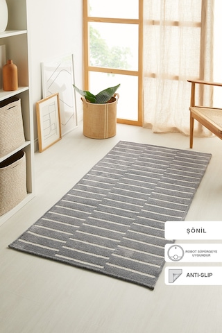 Ocean Home Textile Gri Renk Çizgi Desenli Şönil Halı Kilim 80 X 150 Cm