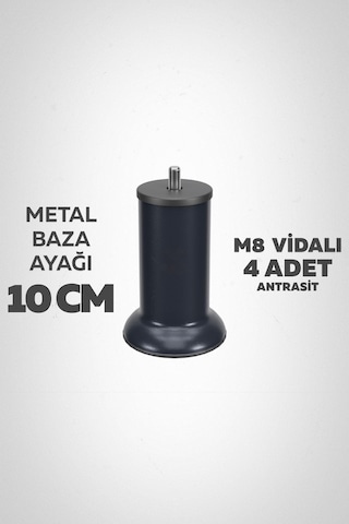 Baza Ayağı 10 Cm M8 Vidalı 4 Lü Set Metal Antrasit Yatak Mobilya Ayağı İnce Vida Antrasit M8 10 Cm