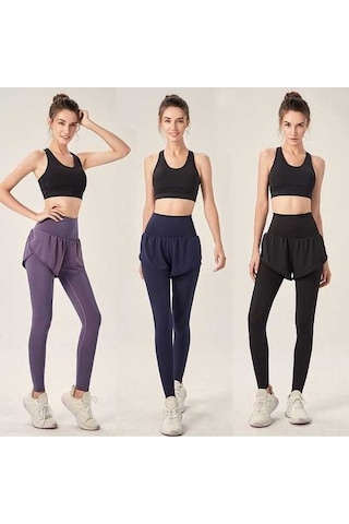 Fastbuy Kadın Siyah Spor Taytı 2'li Esnek Bel Arka Cep Koşu Yoga Elastik Tayt Siyah