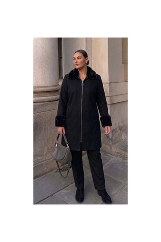 Onno Style Women Yakası Kol Ağzı Kürklü Çelik Örgü Kadın Kaban Siyah