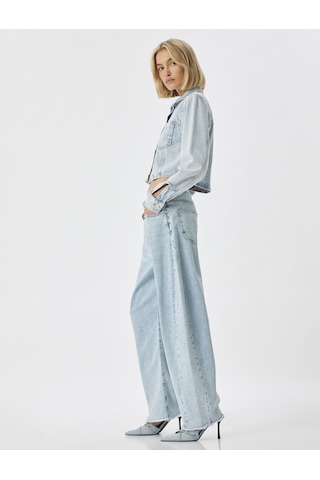 Koton Balon Kot Pantolon Kesik Paça Yüksek Bel Crop Boy Düğmeli Pamuklu - Balon Fit Jean Açık İndigo 5wal40117md Açık İndigo