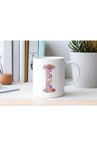 I Harfli Retro Çiçekli Kupa Bardak - Patchwork Tarz Yamalı Desenli İsme Özel Kupa - Hediye 07 Beyaz