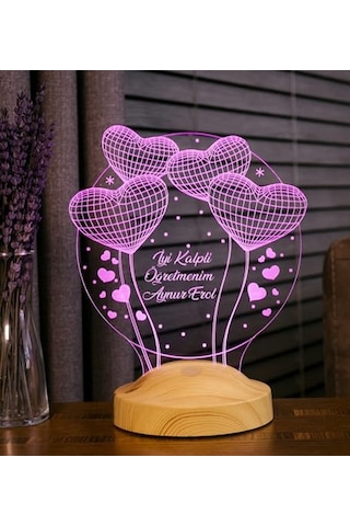 Öğretmene Özel 3d Led Lamba - Balon Kalpli Tasarımlı, Öğretmenler Günü Ve Mezuniyet Hediyesi, İsimli Dekoratif