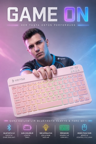 Tablet Ve Bilgisayar İçin Rgb Led Işıklı Taşınabilir Kablosuz Bluetooth Klavye Ve Dongle'lı Mouse Seti Pembe