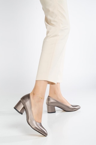 Kadın Kısa Topuklu Ayakkabı Platin Şanel Malzeme Kalın Topuklu-3551 PLATIN