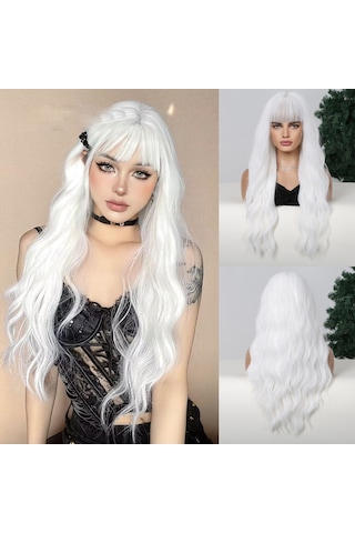 27 İnç/68 Cm Uzun Kıvırcık Peruk Beyaz Cosplay Saç Kahküllü Peruk Kadın Kostüm Peruk Festival Partisi Peruk Isıya Dayanıklı Sentetik Peruk