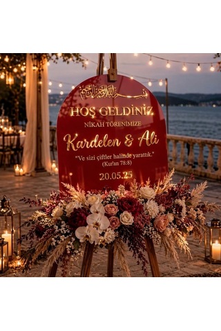 Bordo Akrilik Düğün Karşılama Panosu 50x80 Cm Gold Yazılı Nikah Tabelası Büyük Boy