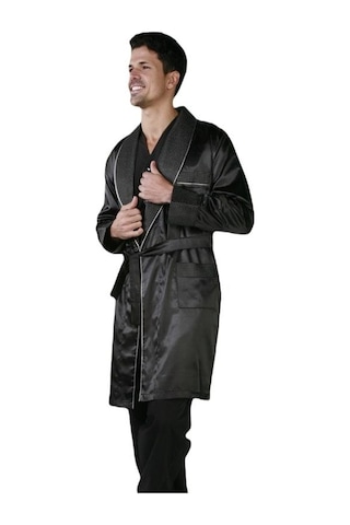 Ancelo 333 Saten Pijama Takım Ve Robdöşambr 3lü Damat Çeyiz Set Siyah