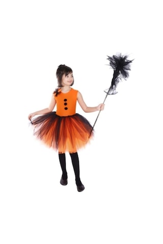 Masho Kids Divo Siyah Turuncu Süpürgeli Cadı Kostümü - Halloween Bayramı