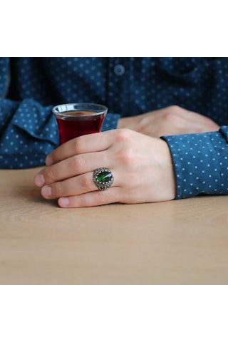 Yeşil Zirkon Taşlı Oval Tasarım 925 Ayar Gümüş Erkek Yüzük (429371978)