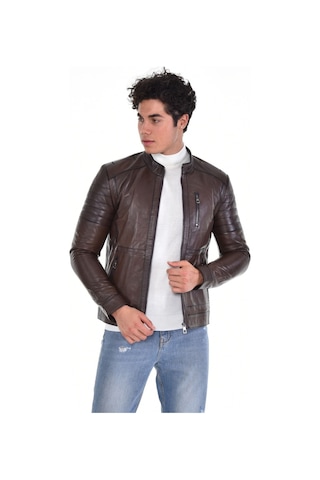 Hakiki Deri Siyah Erkek Deri Mont Hakim Yaka Üç Cepli Fermuarlı Fermuarlı Deri Ceket Kahverengi