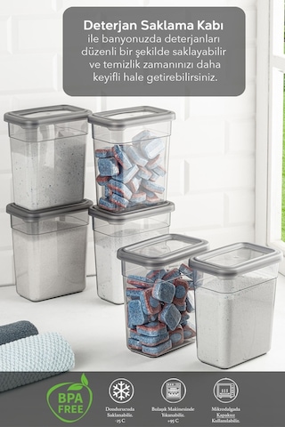 6'lı Etiketli Deterjan Saklama Kabı Seti - Hava Geçirmez Kapaklı Saklama Kutusu - 6 X 1100 Ml Gri