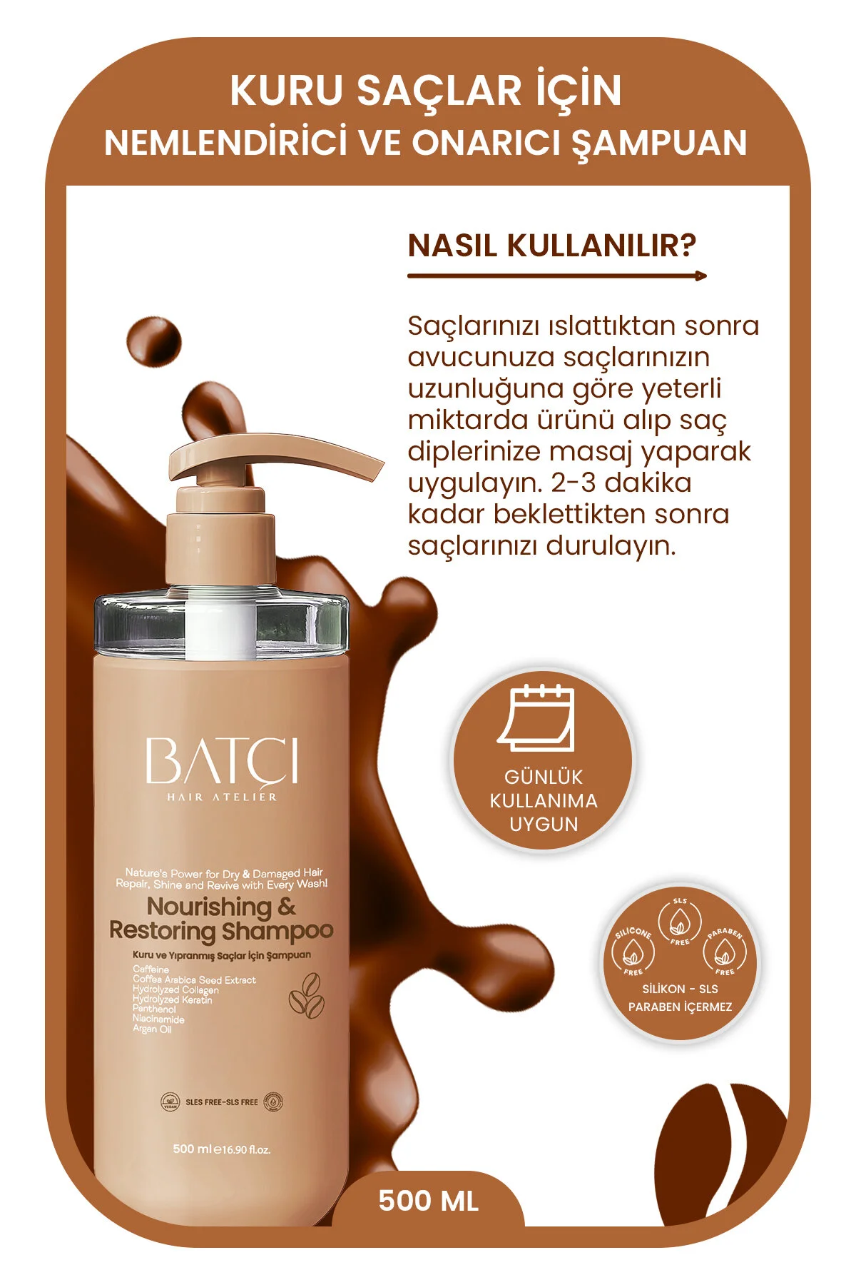 Kuru Saç Ve Cilt Için Onarıcı , Yatıştırıcı Gerçek Kahve Ile Üretilmiş Bakım Şampuanı 500 Ml Tüm Saçlar