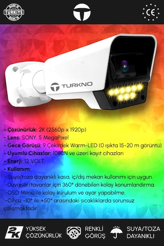 Turkno 3 Kameralı Supia 3 Dış Kamera Set 2 TB 5 MP 2K Net Renkli Gece Görüşlü Güvenlik Kamerası Sistemi