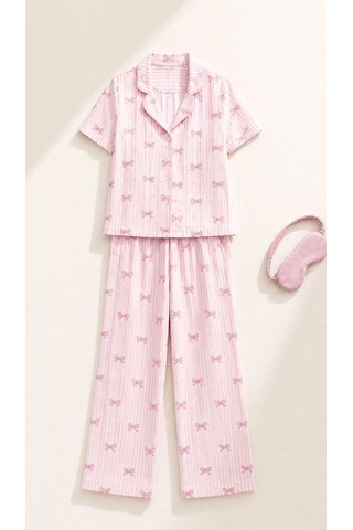 Suısy Pink Bow Pembe Fiyonk Desenli Uzun Pijama Takımı